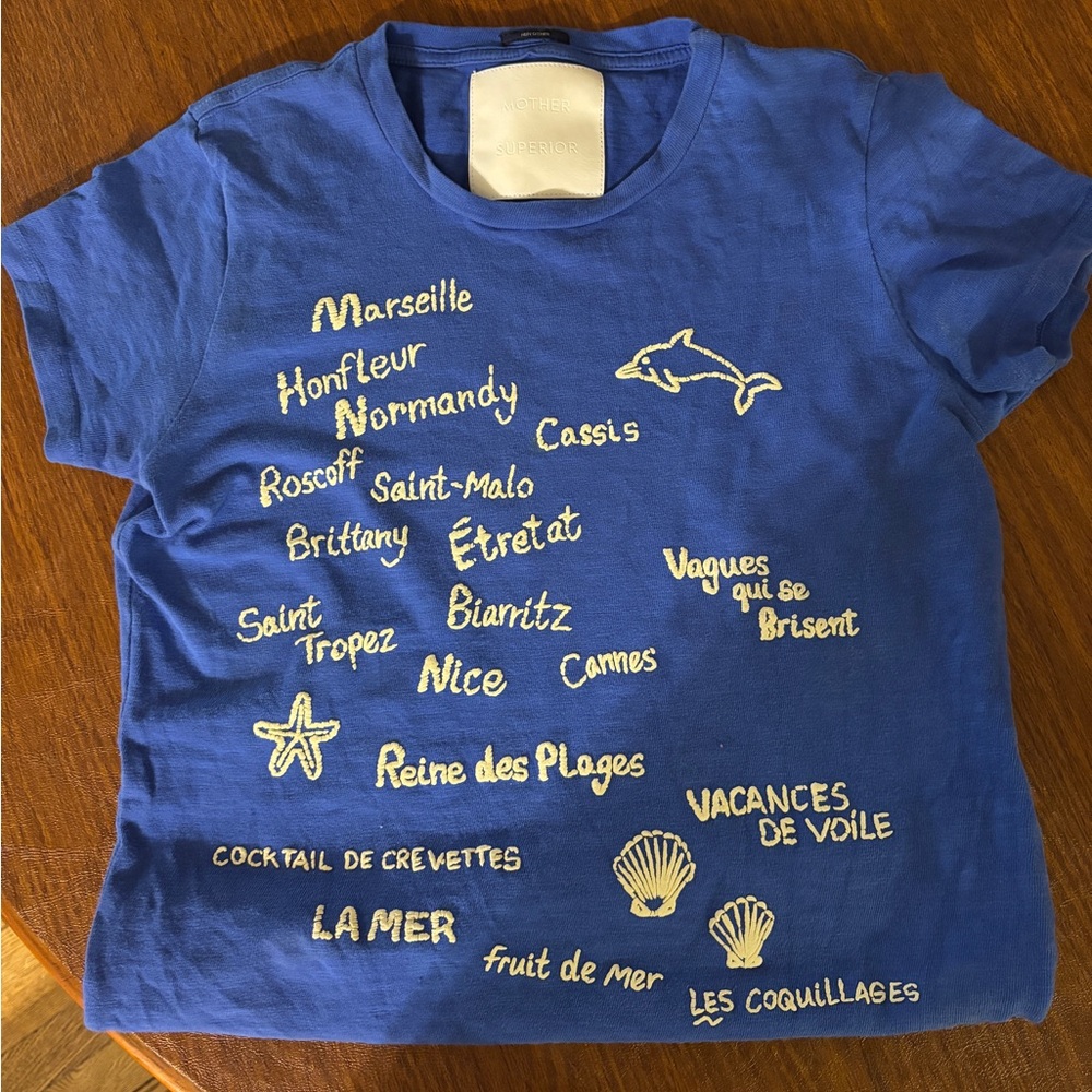 Mother Blue Graphic Tee with White French Cities Text